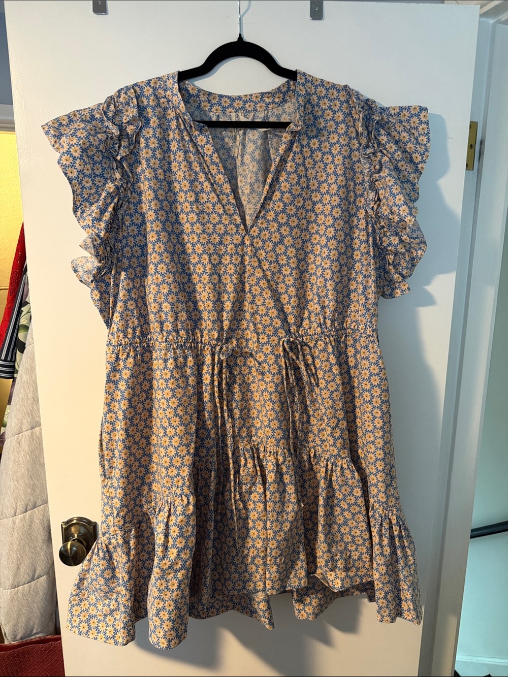 Anthropologie Blue and Cream Daisy Ruffle Tunic